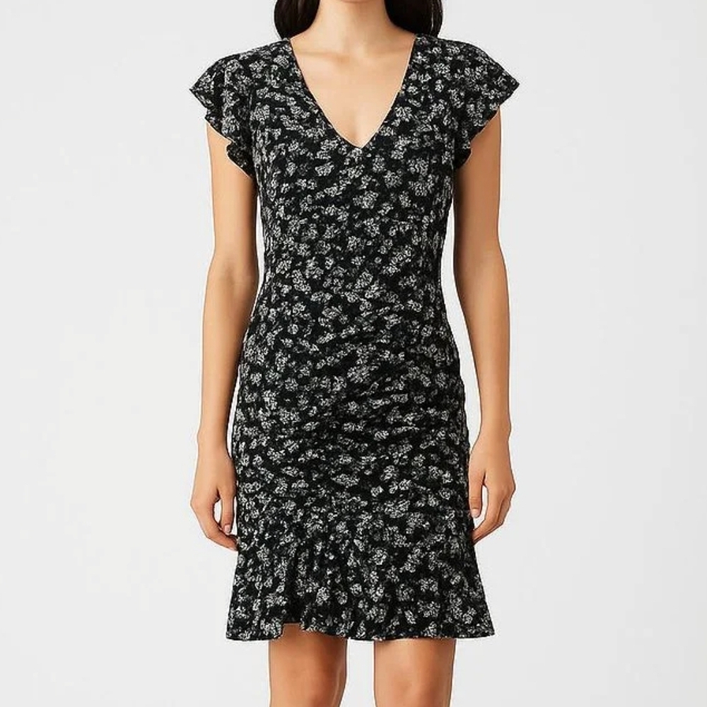 Veronica Beard Ruched Black Floral V-neck Flutter Sleeve Mini Dress XS Romantic